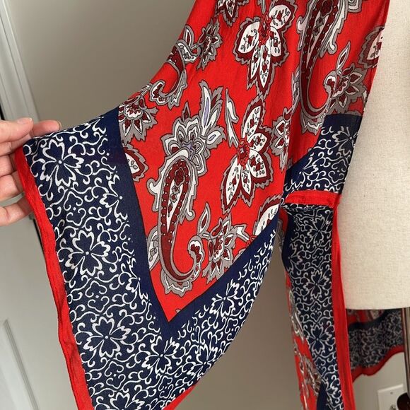 Express Women’s Floral Print Striped Slip-On Draped Shawl Boho Red Blue Size OS - Picture 6 of 7